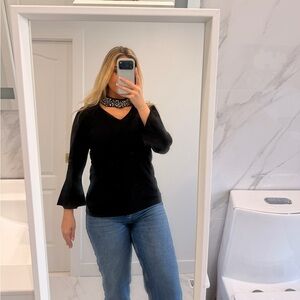 Karl Lagerfeld Black Long Sleeve Top with Embellished Collar